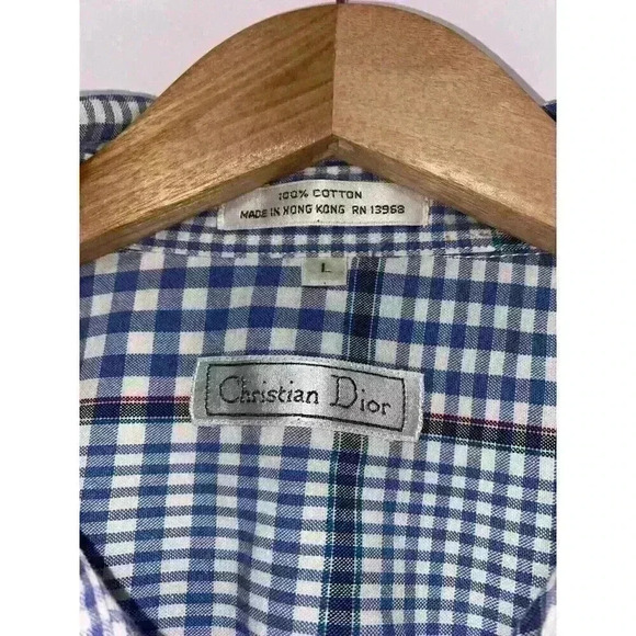 Christian Dior Plaid Dress Shirt Button Down Blue White Collared Shirt Size L - Picture 4 of 9
